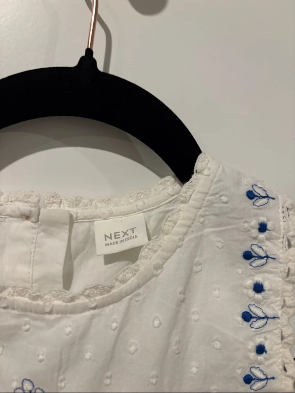 next White Dress with Blue Floral Embroidery